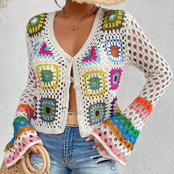 . Sweaters - White Boho Womens Floral Pattern Hollow Out Flounce Sleeve Cardigan